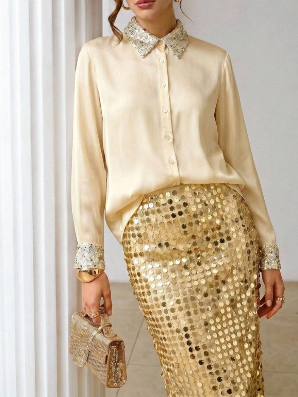 Champagne Satin Blouse with Sequin Collar & Cuffs